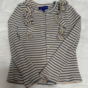 Maison Me Beige & Navy Stripe Ruffle-Trim Button Cardigan